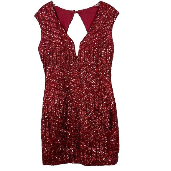 Haute Nites Junior's Sequin Cut Out Cap Sleeve Cocktail Mini Dress Red Size 13 - Picture 1 of 13